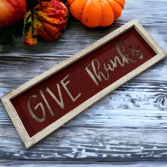 Give Thanks Rustic Metal Cut Out Thanksgiving Sign with Wood Frame Primitive - Picture 1 of 8